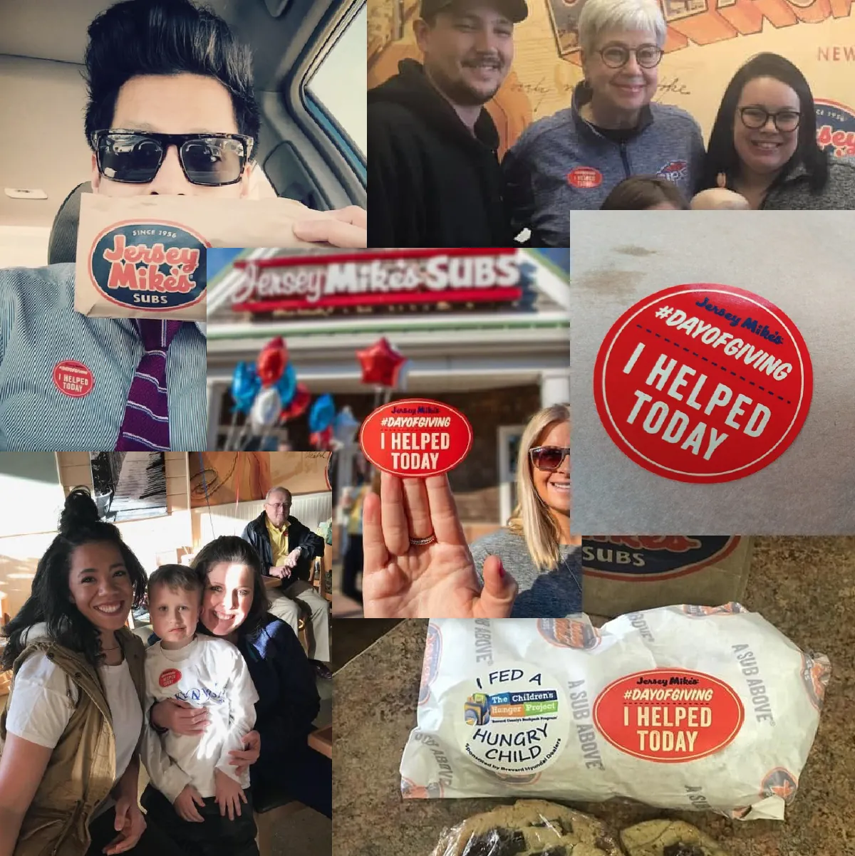 Collage of customer photos showing I Helped Today Day of Giving stickers