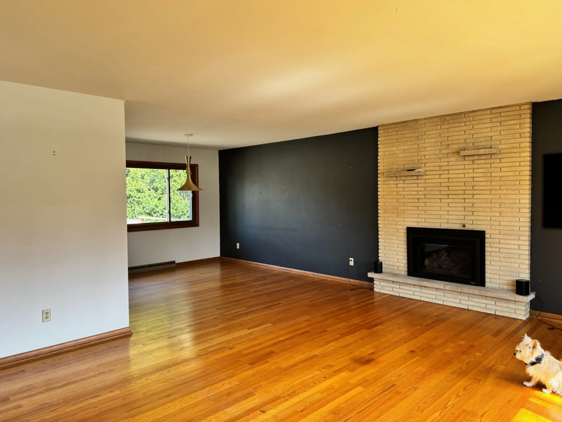 Madison Midcentury Home: Living room: fireplace wall, before