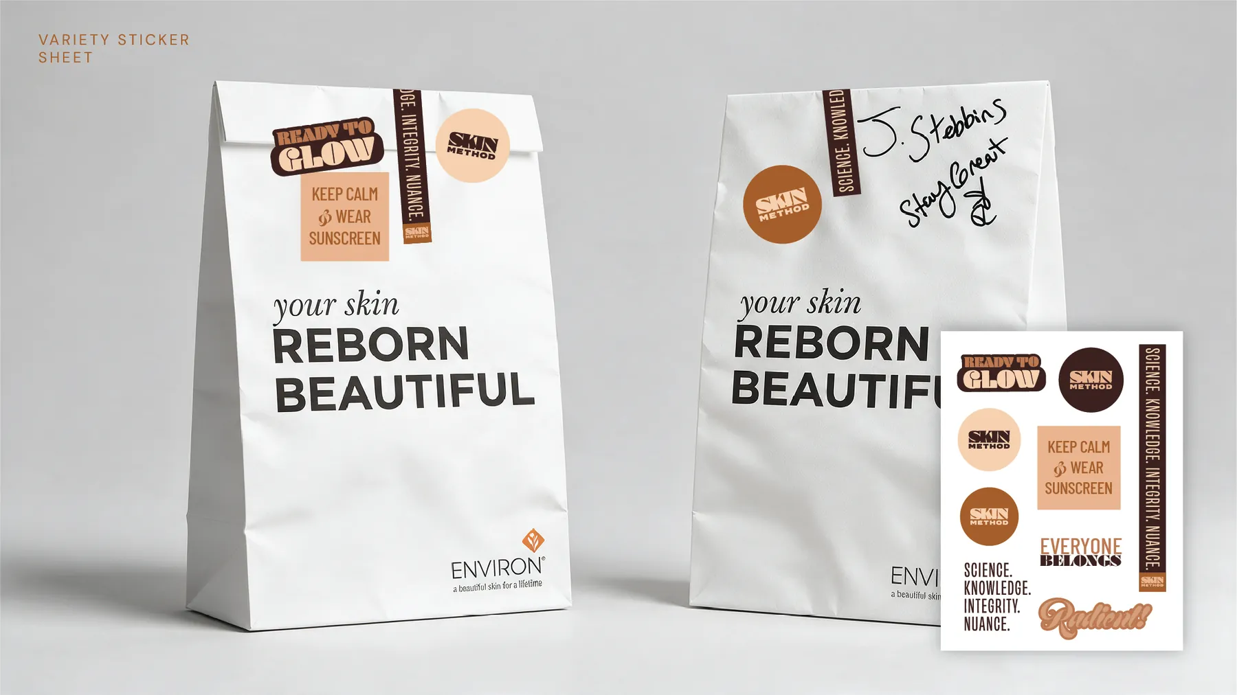 S.K.I.N. Method: Variety sticker sheet, shown on Environ product bags